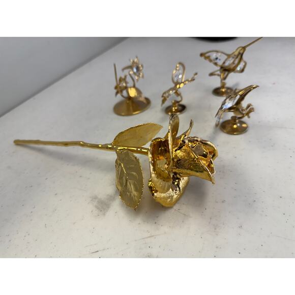 Vtg 24k Gold Plated Austrian Crystal Bird Rose Flower Butterfly Figure Set of 4 - Picture 4 of 7